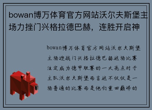 bowan博万体育官方网站沃尔夫斯堡主场力挫门兴格拉德巴赫，连胜开启神秘逆袭之旅